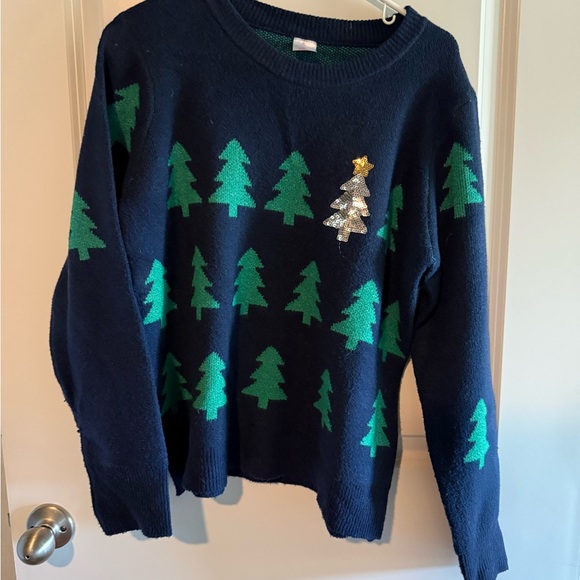 Navy Blue Sweater with Green Tree Pattern - Picture 3 of 3